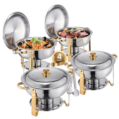 Chafing Dish Buffet Set, 5 Qt 4 Pack, Stainless Steel Chafer with 4 Full Size Pans, Round Catering Warmer Server with Lid Water Pan Folding Stand Clip, for Weddings Parties Banquets, Gold