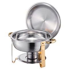 Chafing Dish Buffet Set, 5 Qt 4 Pack, Stainless Steel Chafer with 4 Full Size Pans, Round Catering Warmer Server with Lid Water Pan Folding Stand Clip, for Weddings Parties Banquets, Gold