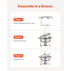 Chafing Dish Buffet Set, 5 Qt 4 Pack, Stainless Steel Chafer with 4 Full Size Pans, Round Catering Warmer Server with Lid Water Pan Folding Stand Clip, for Weddings Parties Banquets, Rose Gold