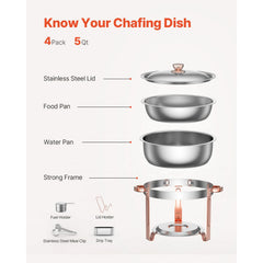 Chafing Dish Buffet Set, 5 Qt 4 Pack, Stainless Steel Chafer with 4 Full Size Pans, Round Catering Warmer Server with Lid Water Pan Folding Stand Clip, for Weddings Parties Banquets, Rose Gold
