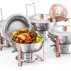 Chafing Dish Buffet Set, 5 Qt 4 Pack, Stainless Steel Chafer with 4 Full Size Pans, Round Catering Warmer Server with Lid Water Pan Folding Stand Clip, for Weddings Parties Banquets, Rose Gold