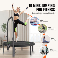 Foldable Mini Trampoline, 40 Inch Fitness Rebounder, Max Load 330lbs Exercise Trampoline, Stable & Quiet Trampoline with 4 Level Height Adjustable Foam Handle, for Adults Indoor/Garden Workout