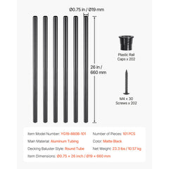 Staircase Balusters 101 Pack, 660 mm Aluminum Stair Balusters, 19 mm Water-Proof Round Metal Spindle Railing, Hollow Deck Railing with Rail Caps & Screws for Stairs, Porch, Patio, Matte Black