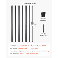 Staircase Balusters 101 Pack, 32 In Aluminum Stair Balusters, 3/4 In Water-Proof Round Metal Spindle Railing, Hollow Deck Railing with Rail Caps & Screws for Stairs, Porch, Patio, Fence, Black