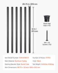 Staircase Balusters 51 Pack, 813 mm Aluminum Stair Balusters, 19 mm Water-Proof Round Metal Spindle Railing, Hollow Deck Railing with Rail Caps & Screws for Stairs, Porch, Patio, Matte Black
