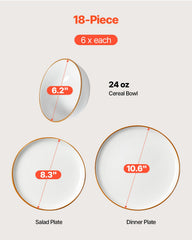 18 PCS Dinnerware Set Ceramic Plates and Bowls Sets Service for 6 White