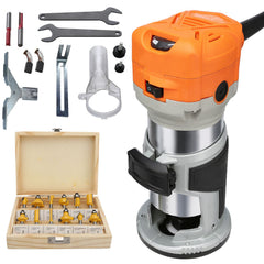Wood Router, 1.25HP 800W, Compact Wood Trimmer Router Tool, 30000RPM Max Speed 6 Variable Speeds, with 1/4'' & 5/16'' Collets 12 PCs Milling Cutters Dust Hood, for Woodworking Slotting Trimming