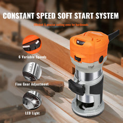 Wood Router, 1.25HP 800W, Compact Wood Trimmer Router Tool, 30000RPM Max Speed 6 Variable Speeds, with 1/4'' & 5/16'' Collets 12 PCs Milling Cutters Dust Hood, for Woodworking Slotting Trimming