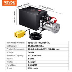 Hydraulic Pump, 12 Quart Hydraulic Power Unit, Single Acting Dump Trailer Pump, 0.91 GPM Flow Rate, 3200 PSI Max Relief Pressure, DC 12V Hydraulic Pump for Dump Trailer Car Lifting