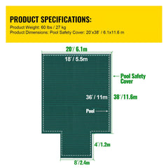 Pool Safety Cover Fits18x36ft Inground Safety Pool Cover Green Mesh with 4x8ft Center End Steps Solid Pool Safety Cover for Swimming Pool Winter