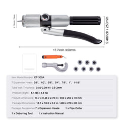 Hydraulic Tube Expander, 3/8" to 1-1/8" OD, HAVC Hydraulic Swaging Tool with 7 Pipe Expander Heads, Deburring Tool, Pipe Cutter for Copper Aluminum Brass Soft Steel Pipes