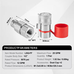 1/2" Flat Face Hydraulic Couplers 1/2" NPT Skid Steer Couplers 2 Dust Caps