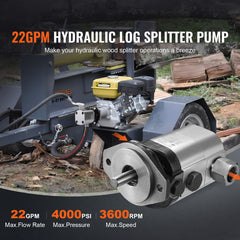 Hydraulic Log Splitter Pump, 22GPM, 2 Stage 4000PSI Wood Log Splitter Pump, 1'' Inlet 3/4'' NPT Outlet 3600 RPM Aluminum Hydraulic Gear Pump, for Small Engine Mounting Log Splitters Snowplow
