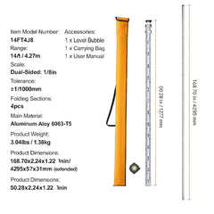 Aluminum Grade Rod, 14-Feet/8ths 4 Sections Telescopic Measuring Rod, Double-Sided Scale 1/8in Leveling Rod Stick, Aluminum Alloy Survey Rod w/ Bubble Level &Carrying Bag for Houses,Walls,Floors