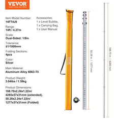 Aluminum Grade Rod, 14-Feet/8ths 4 Sections Telescopic Measuring Rod, Double-Sided Scale 1/8in Leveling Rod Stick, Aluminum Alloy Survey Rod w/ Bubble Level &Carrying Bag for Houses,Walls,Floors
