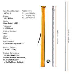 Measuring Rod 16-Feet/10ths 4 Sections Telescopic Grade Rod 1/10ft w/ Bag