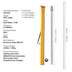 Measuring Rod 16-Feet/8ths 4 Sections Telescopic Grade Rod 1/8in w/ Bag