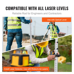 Aluminum Grade Rod, 9-Feet/8ths 3 Sections Telescopic Measuring Rod, Double-Sided Scale 1/8in Leveling Rod Stick,Aluminum Alloy Survey Rod with Bubble Level &Carrying Bag for Houses,Walls,Floors