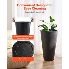 Tall Planter, Set of 2 Tall Round Tapered Planters, 59 cm Large Modern Gardening and Flower Plastic Pots, Decorative Tall Black Planter with Drainage Hole, for Porch, Patio, Indoor & Outdoor