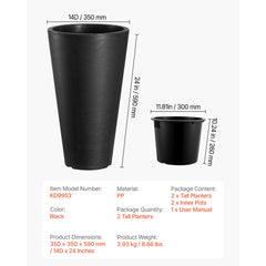 Tall Planter, Set of 2 Tall Round Tapered Planters, 59 cm Large Modern Gardening and Flower Plastic Pots, Decorative Tall Black Planter with Drainage Hole, for Porch, Patio, Indoor & Outdoor