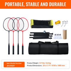 Badminton Net Set, Outdoor Backyard Beach Park Badminton Net, Portable Badminton Equipment Set, Adults Kids Badminton Net with Poles, Carrying Bag, 4 Iron Rackets, and 3 Nylon Shuttlecocks