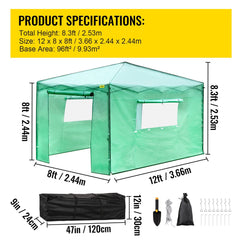 12\'x 8\'x 8\' Pop-Up Greenhouse, Set Up in Minutes, Portable Greenhouse with Doors & Windows. High Strength PE Cover & Powder-Coated Steel Construction