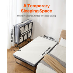 Rollaway Bed, 96.5 cm x 190 cm Folding Bed with 10 cm Mattress, Twin Size Foldable Bed with Sturdy Metal Frame & Memory Foam Mattress, Portable Roll Away Bed with Mattress, for Adults, Guest