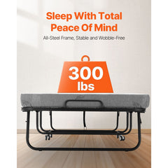 Rollaway Bed, 96.5 cm x 190 cm Folding Bed with 10 cm Mattress, Twin Size Foldable Bed with Sturdy Metal Frame & Memory Foam Mattress, Portable Roll Away Bed with Mattress, for Adults, Guest