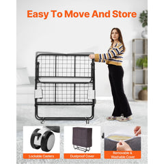 Rollaway Bed, 96.5 cm x 190 cm Folding Bed with 10 cm Mattress, Twin Size Foldable Bed with Sturdy Metal Frame & Memory Foam Mattress, Portable Roll Away Bed with Mattress, for Adults, Guest