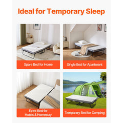 Rollaway Bed, 96.5 cm x 190 cm Folding Bed with 10 cm Mattress, Twin Size Foldable Bed with Sturdy Metal Frame & Memory Foam Mattress, Portable Roll Away Bed with Mattress, for Adults, Guest