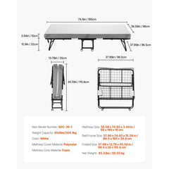 Rollaway Bed, 96.5 cm x 190 cm Folding Bed with 10 cm Mattress, Twin Size Foldable Bed with Sturdy Metal Frame & Memory Foam Mattress, Portable Roll Away Bed with Mattress, for Adults, Guest