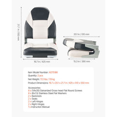 Boat Seat, High Backrest, Folding Fishing Boat Seat with Thickened Sponge Cushion & Waterproof PVC Leather, Aluminum Alloy Hinges, Flip Up Boat Seat for Boats, Yachts, Ships, Black & Grey