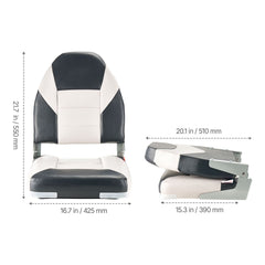 Boat Seat, High Backrest, Folding Fishing Boat Seat with Thickened Sponge Cushion & Waterproof PVC Leather, Aluminum Alloy Hinges, Flip Up Boat Seat for Boats, Yachts, Ships, Black & Grey