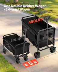 Double Decker Wagon Collapsible, 400L Heavy Duty Folding Wagon Cart, Extended Long Garden Cart with All-Terrain Wheels, Support Up to 450lbs, Outdoor Utility Wagon for Camping, Sports, Shopping
