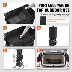 Foldable Double Decker Wagon, 400L Collapsible Wagon Cart with All-Terrain Wheels, Heavy Duty Folding Wagon Cart 350-450 lb Weight Capacity for Camping, Shopping, Garden, 52" Extra Long Extender