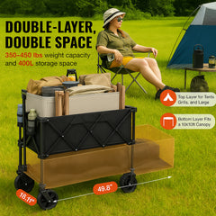Foldable Double Decker Wagon, 400L Collapsible Wagon Cart with All-Terrain Wheels, Heavy Duty Folding Wagon Cart 350-450 lb Weight Capacity for Camping, Shopping, Garden, 52" Extra Long Extender