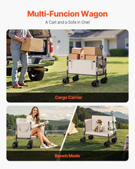 Collapsible Folding Wagon, 550lb Load & 220L, 2 in 1 Foldable Wagon Cart Converts to Bench, Utility Wagon with Adjustable Handle, Outdoor Cart for Groceries Shopping, Camping, Gardening