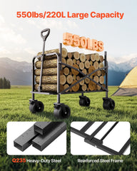 Collapsible Folding Wagon, 550lb Load & 220L, 2 in 1 Foldable Wagon Cart Converts to Bench, Utility Wagon with Adjustable Handle, Outdoor Cart for Groceries Shopping, Camping, Gardening