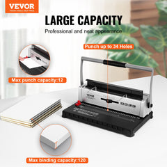 Coil Spiral Binding Machine, Manual Book Maker 34-Holes Binding 120 Sheets, Punch Binder with Adjustable 3/16" - 9/16" Coil Binding Spines and Side Margin, for Letter Size, A4, A5