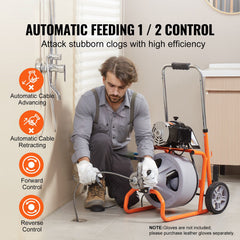 Drain Cleaner Machine 100FT x 3/8 Inch, Auto Feed Sewer Snake Drain Auger on Wheels, Portable Drain Cleaning Machine with 8 Cutters & Air-activated Foot Switch for 2" to 4" Pipes