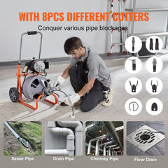 Drain Cleaner Machine 100FT x 3/8 Inch, Auto Feed Sewer Snake Drain Auger on Wheels, Portable Drain Cleaning Machine with 8 Cutters & Air-activated Foot Switch for 2" to 4" Pipes