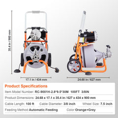 Drain Cleaner Machine 100FT x 3/8 Inch, Auto Feed Sewer Snake Drain Auger on Wheels, Portable Drain Cleaning Machine with 8 Cutters & Air-activated Foot Switch for 2" to 4" Pipes