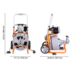 Drain Cleaner Machine 100FT x 3/8 Inch, Auto Feed Sewer Snake Drain Auger on Wheels, Portable Drain Cleaning Machine with 8 Cutters & Air-activated Foot Switch for 2" to 4" Pipes
