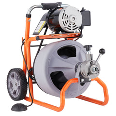 Drain Cleaner Machine 100FT x 3/8 Inch, Auto Feed Sewer Snake Drain Auger on Wheels, Portable Drain Cleaning Machine with 8 Cutters & Air-activated Foot Switch for 2" to 4" Pipes