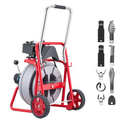 Drain Cleaner Machine 30m x 13mm, Auto Feed Sewer Snake Drain Auger on Wheels, Portable Drain Cleaning Machine with 8 Cutters & Air-Activated Foot Switch for 50mm to 150mm Pipes