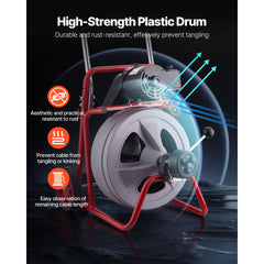 Drain Cleaner Machine 30m x 13mm, Auto Feed Sewer Snake Drain Auger on Wheels, Portable Drain Cleaning Machine with 8 Cutters & Air-Activated Foot Switch for 50mm to 150mm Pipes