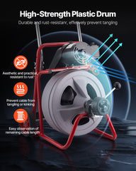 Drain Cleaner Machine 30m x 13mm, Auto Feed Sewer Snake Drain Auger on Wheels, Portable Drain Cleaning Machine with 8 Cutters & Air-Activated Foot Switch for 50mm to 150mm Pipes