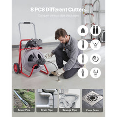 Drain Cleaner Machine 30m x 13mm, Auto Feed Sewer Snake Drain Auger on Wheels, Portable Drain Cleaning Machine with 8 Cutters & Air-Activated Foot Switch for 50mm to 150mm Pipes