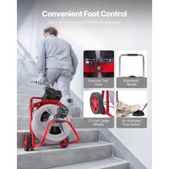 Drain Cleaner Machine 30m x 13mm, Auto Feed Sewer Snake Drain Auger on Wheels, Portable Drain Cleaning Machine with 8 Cutters & Air-Activated Foot Switch for 50mm to 150mm Pipes