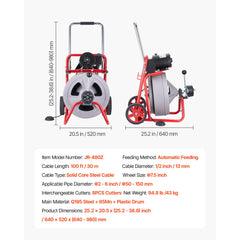 Drain Cleaner Machine 30m x 13mm, Auto Feed Sewer Snake Drain Auger on Wheels, Portable Drain Cleaning Machine with 8 Cutters & Air-Activated Foot Switch for 50mm to 150mm Pipes